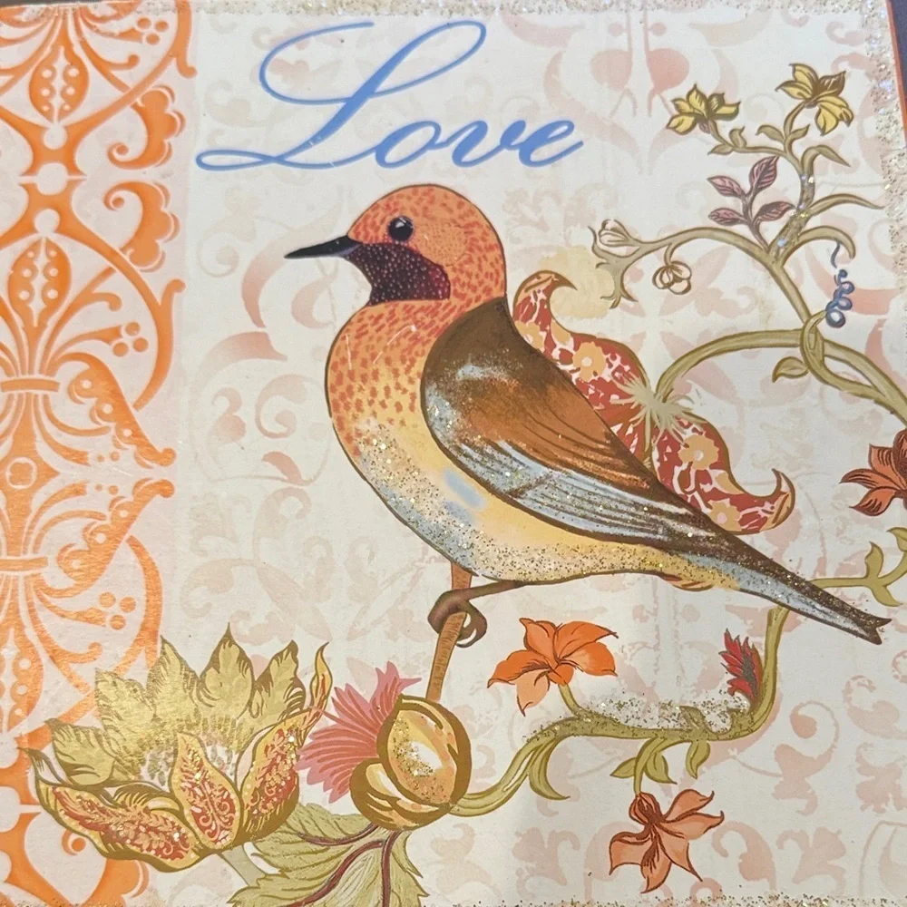 Ashland Decorative Orange Multi Square Tin Love & Bird Themed Wall Hanging NWT
